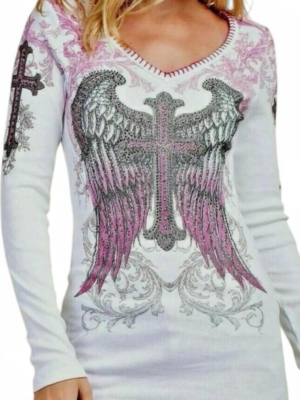 Y2K Vocal White Long Sleeve V-Neck Top with Pink & Gray Winged Cross Graphic